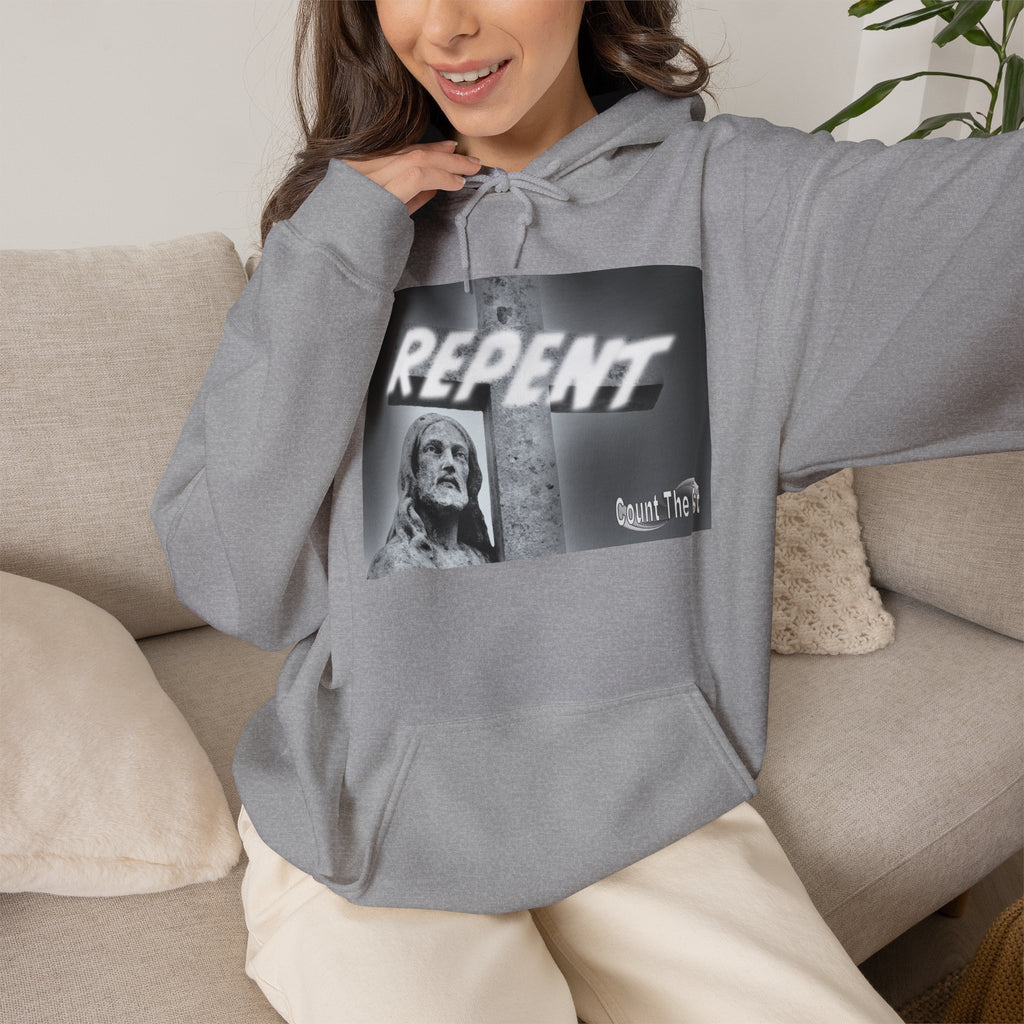 Repent Religious Hoodie — Vintage Jesus Graphic with Revelation 3:16 Back Quote