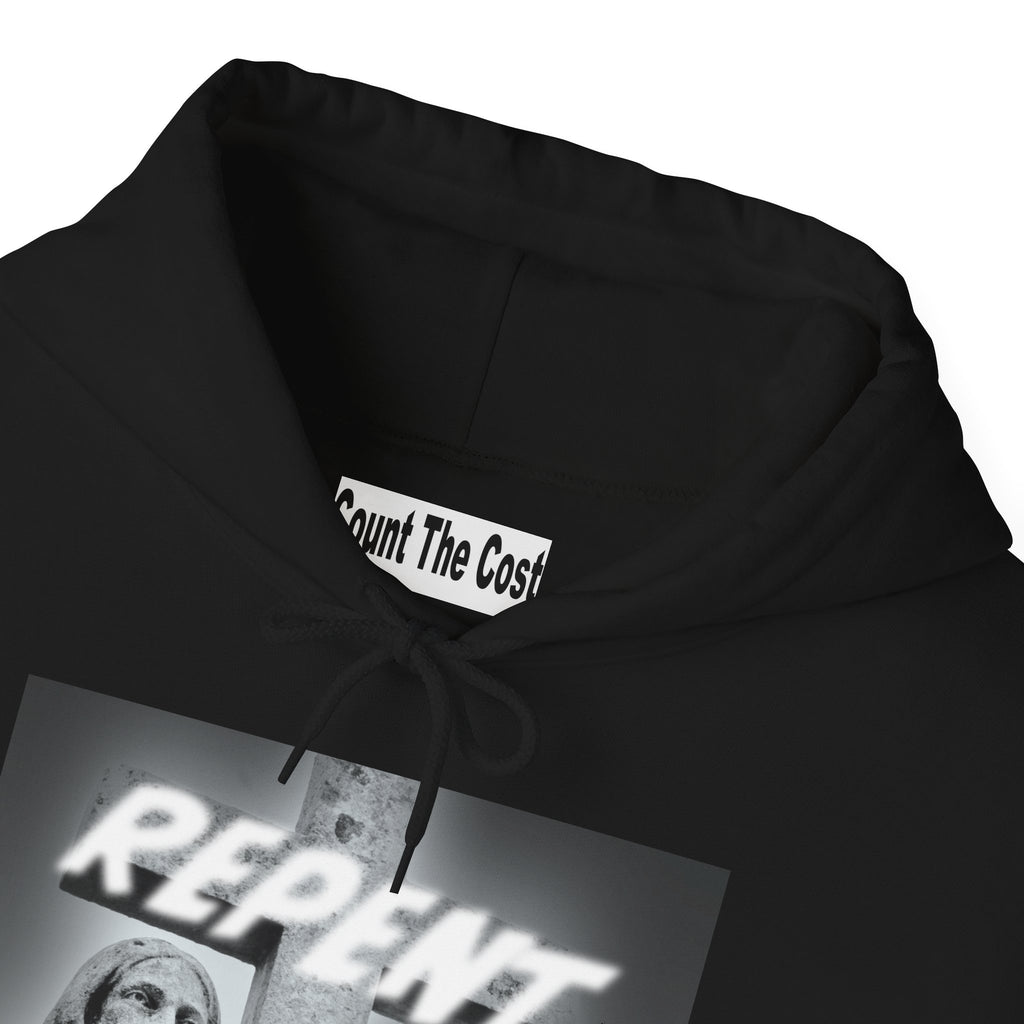 Repent Religious Hoodie — Vintage Jesus Graphic with Revelation 3:16 Back Quote