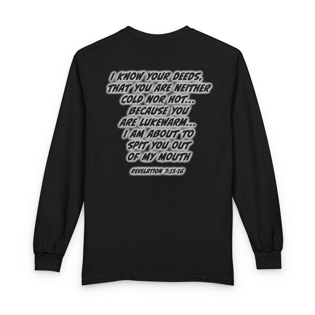 Repent Long Sleeve Tee — Religious Jesus Statue Graphic with Revelation 3:15-16 Back Text