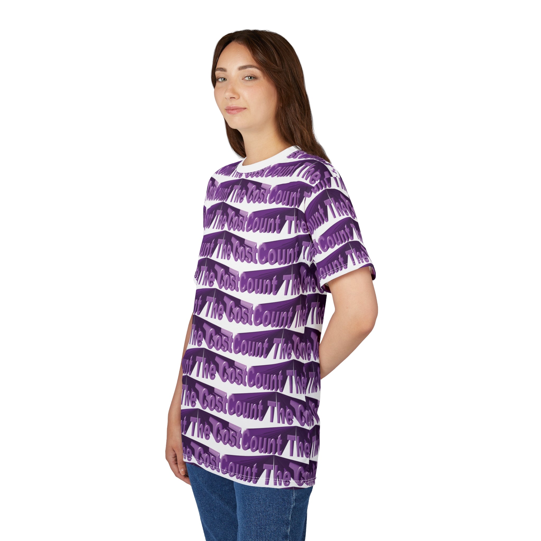 Count The Cost Patterned Tee — Purple All-Over Print Graphic T-Shirt