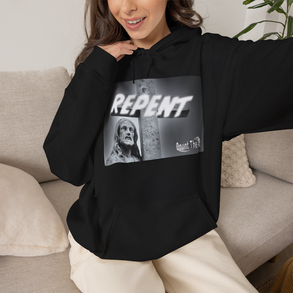 Repent Religious Hoodie — Vintage Jesus Graphic with Revelation 3:16 Back Quote