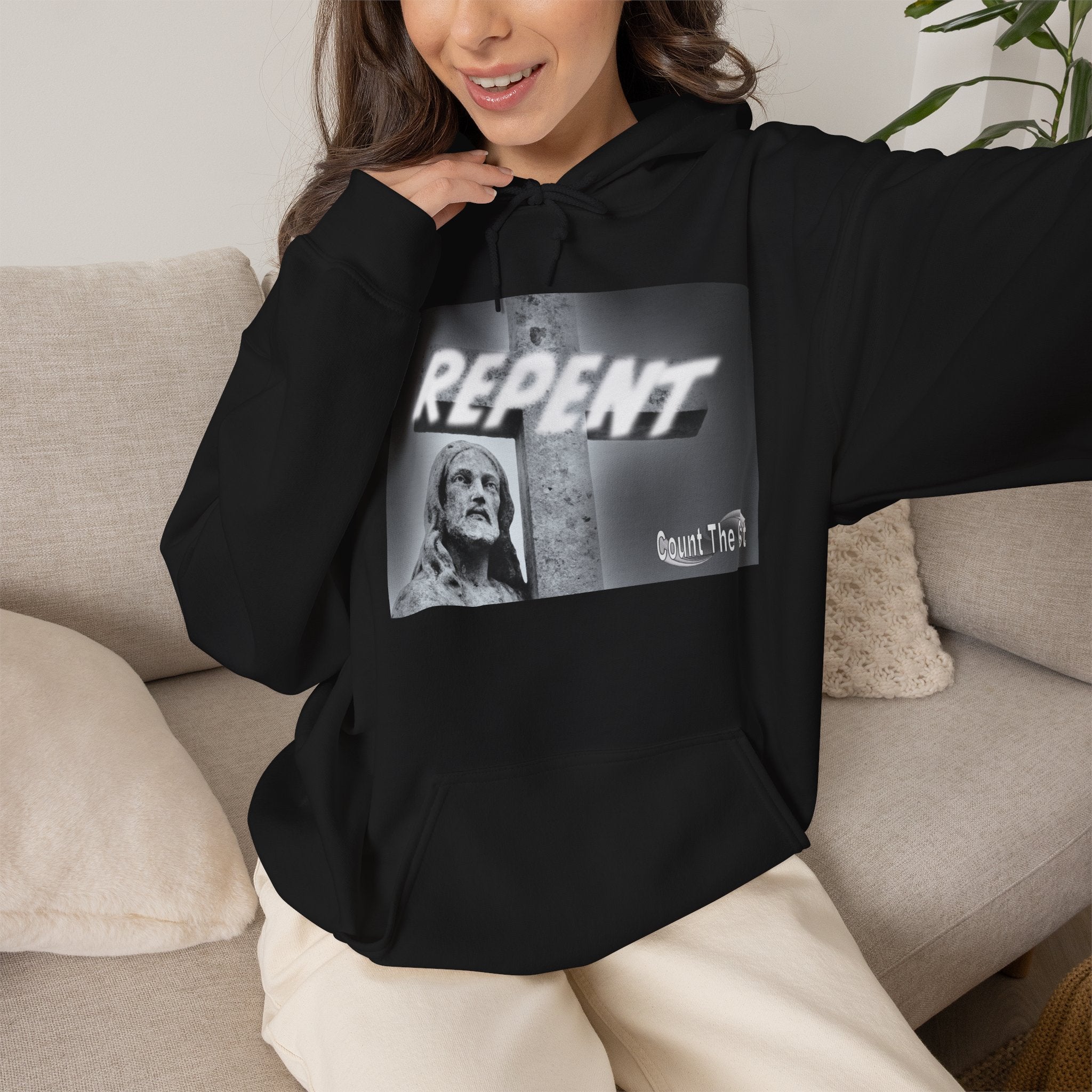 Repent Religious Hoodie — Vintage Jesus Graphic with Revelation 3:16 Back Quote