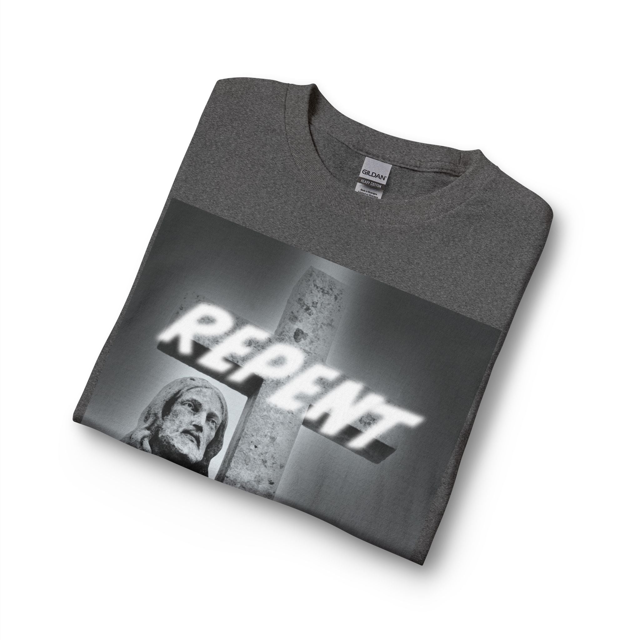 Repent Long Sleeve Tee — Religious Jesus Statue Graphic with Revelation 3:15-16 Back Text