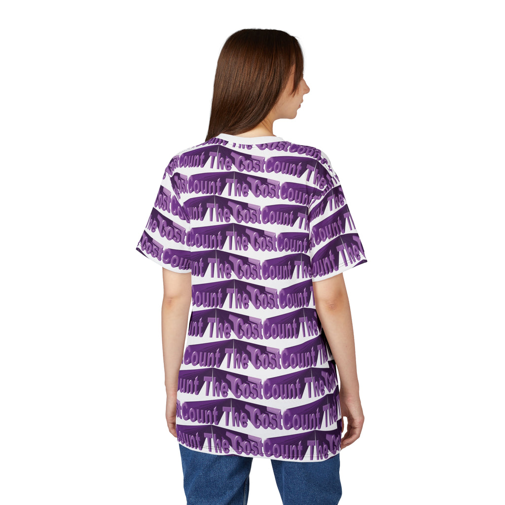 Count The Cost Patterned Tee — Purple All-Over Print Graphic T-Shirt