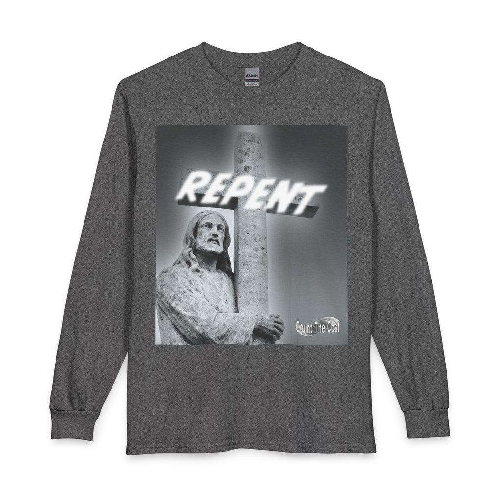 Repent Long Sleeve Tee — Religious Jesus Statue Graphic with Revelation 3:15-16 Back Text