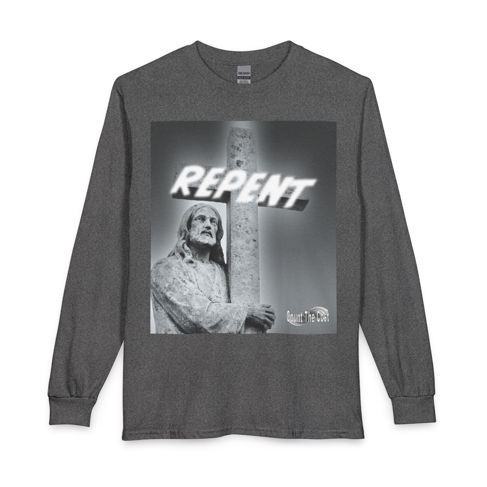 Repent Long Sleeve Tee — Religious Jesus Statue Graphic with Revelation 3:15-16 Back Text