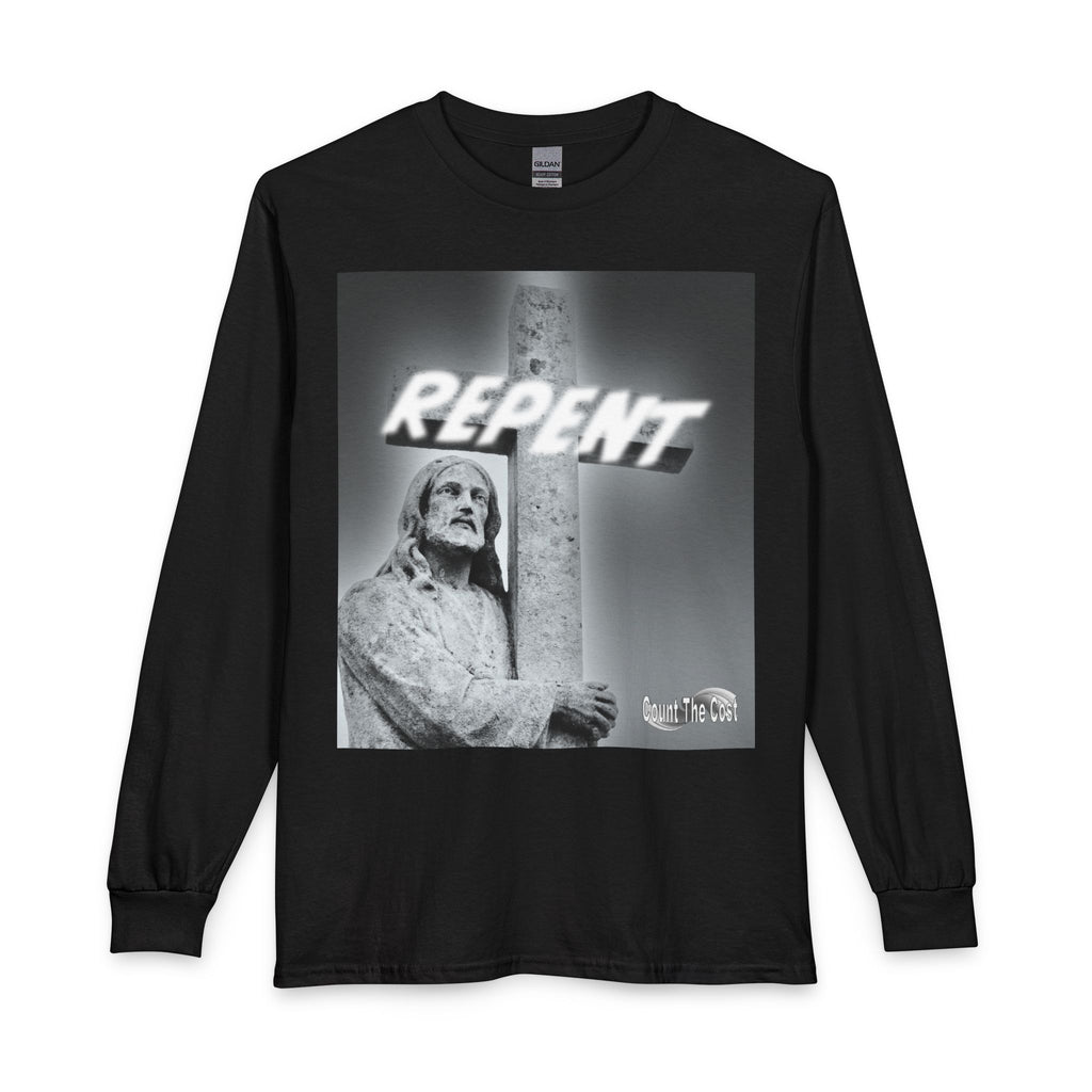 Repent Long Sleeve Tee — Religious Jesus Statue Graphic with Revelation 3:15-16 Back Text
