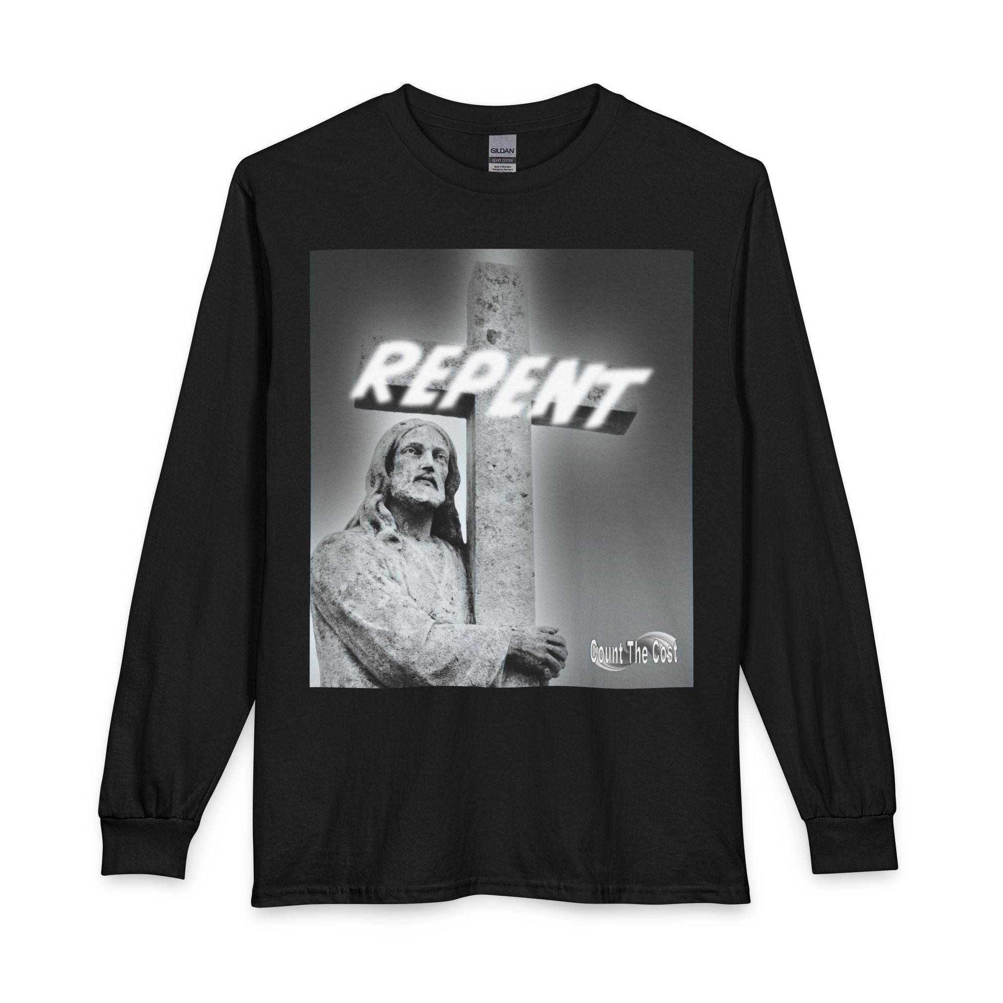 Repent Long Sleeve Tee — Religious Jesus Statue Graphic with Revelation 3:15-16 Back Text