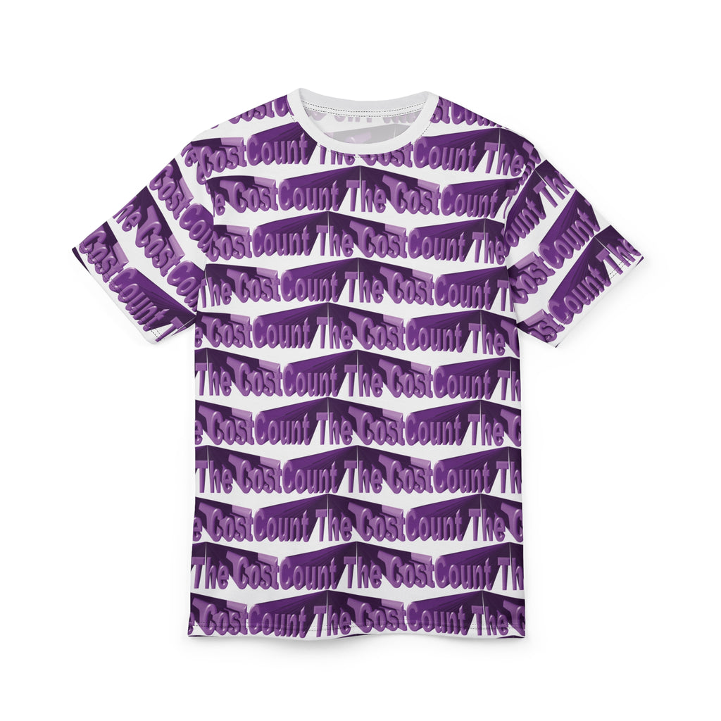 Count The Cost Patterned Tee — Purple All-Over Print Graphic T-Shirt