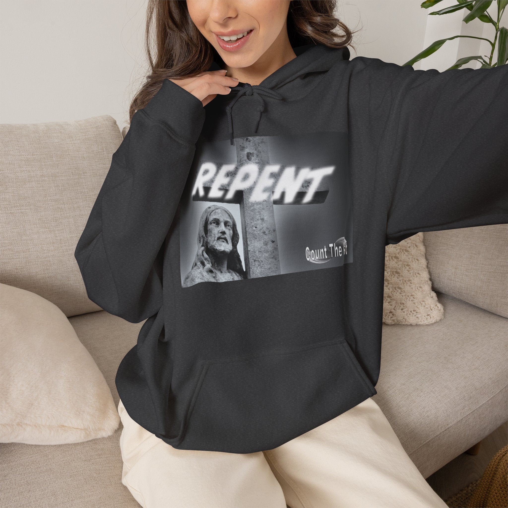 Repent Religious Hoodie — Vintage Jesus Graphic with Revelation 3:16 Back Quote