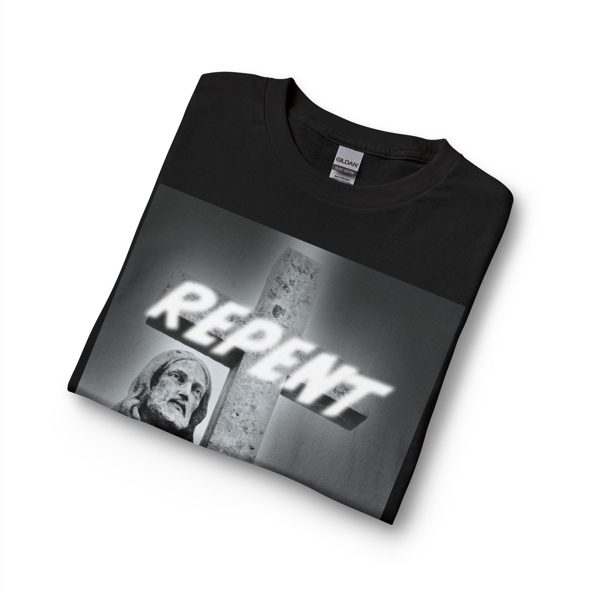 Repent Long Sleeve Tee — Religious Jesus Statue Graphic with Revelation 3:15-16 Back Text